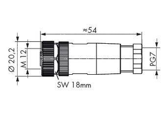 Technische Zeichnung eines Steckverbinders mit Maßen: Länge ca. 54 mm, Durchmesser 20,2 mm, Schraubenschlüsselweite 18 mm, Gewinde M12, PG7.