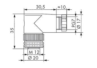 Technische Zeichnung eines Steckverbinders mit Maßen: Höhe 35 mm, Breite 30,5 mm. Details: M 12, Ø 20 mm, ~10 mm, PG 7, Ø 17 mm.