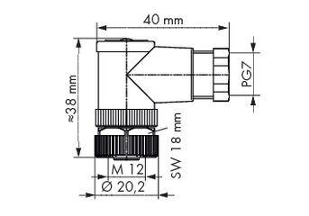 Technische Zeichnung eines abgewinkelten Steckverbinders mit Maßen: 40 mm Länge, 38 mm Höhe, PG7-Gewinde, M12-Gewinde.