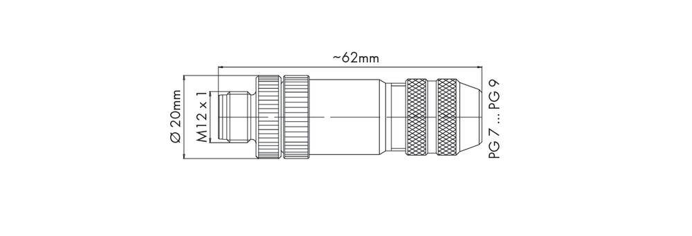 Zeichnung eines Steckers mit Maßen: Länge ca. 62 mm, Durchmesser 20 mm, Gewinde M12 x 1, PG 7 bis PG 9.