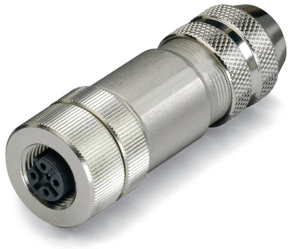 Metall-Steckverbinder in Zylinderform mit geriffeltem Griff. Am Ende sind vier schwarze Löcher sichtbar.