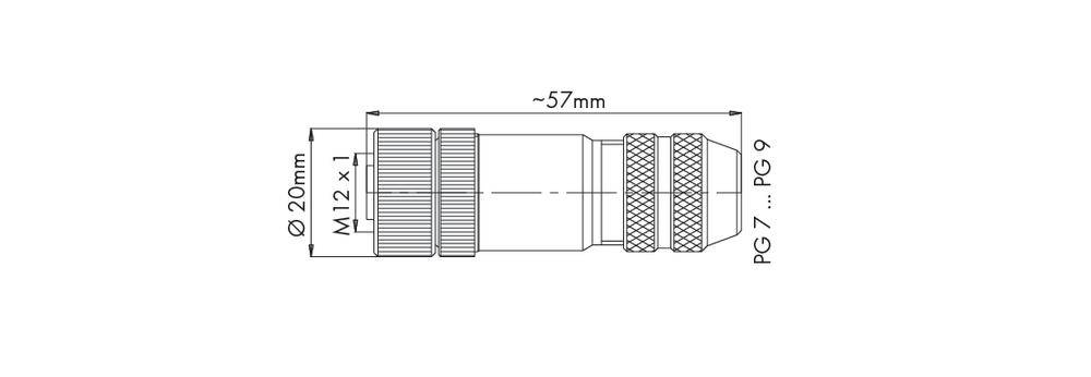 Technische Zeichnung eines zylindrischen Steckverbinders, Länge ca. 57mm, Durchmesser 20mm, mit metrischem Gewinde M12x1, PG 7 bis PG 9.