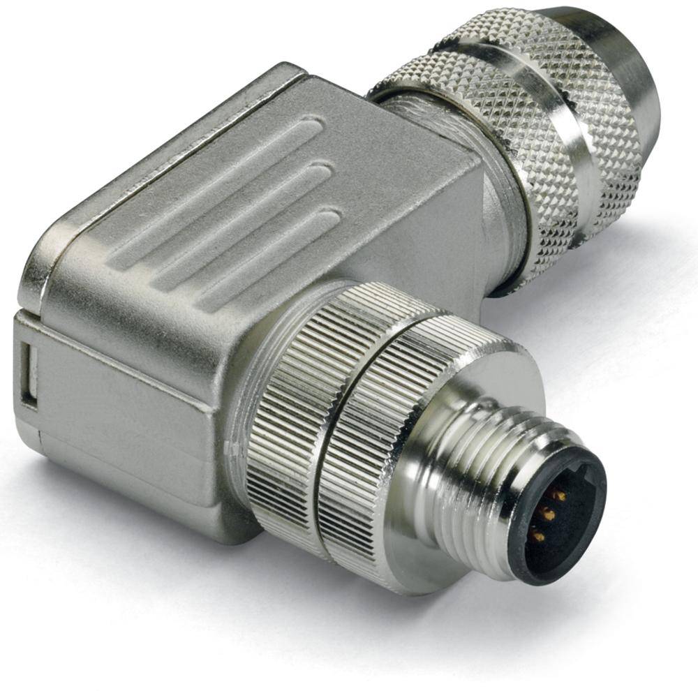 Ein silberner, gewinkelter M12-Steckverbinder mit mehreren Kontakten, geeignet für industrielle Anwendungen und robuste Verbindungslösungen.