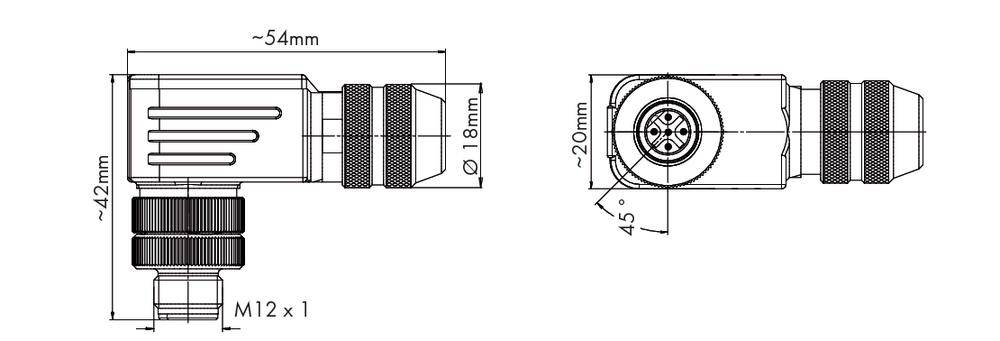 Technische Zeichnung eines Steckers mit Abmessungen: Länge 54 mm, Höhe 42 mm, Durchmesser 18 mm. Winkel von 45 Grad markiert.