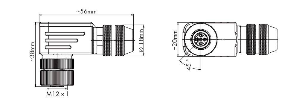 Technische Zeichnung eines sensiblen Steckverbinders, Seiten- und Draufsicht mit Abmessungen: 58mm Länge, 18mm Breite, M12 Gewinde.