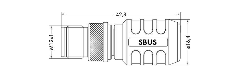 Steckerdiagramm zeigt einen SBUS-Stecker mit Maßen: Länge 42,8 mm, Durchmesser 16,4 mm, Gewinde M12x1.