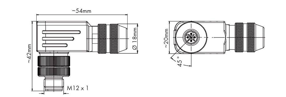 Technische Zeichnung eines Steckverbinders mit Maßen: Länge 54mm, Breite 42mm, Durchmesser 18mm. Perspektiven von oben und seitlich.