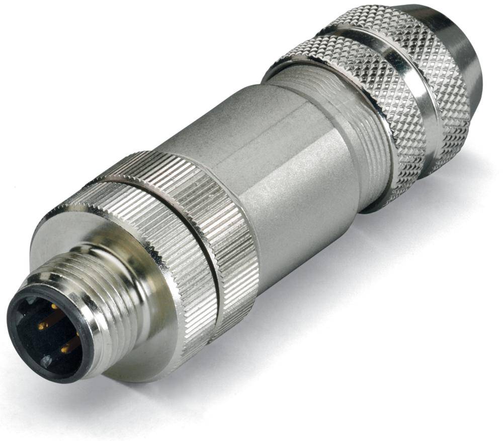 Ein silberner Metallstecker mit mehreren Kontakten, geeignet für industrielle Anwendungen und robuste elektrische Verbindungen.