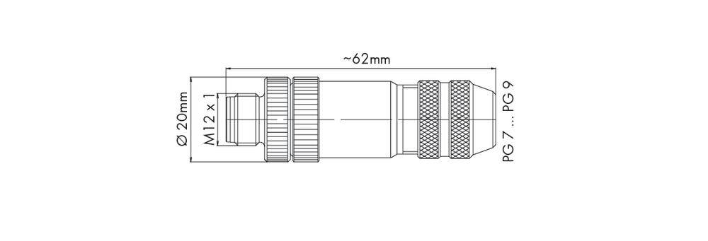 Technische Zeichnung eines zylindrischen Bauteils. Maße: Durchmesser 20mm, Länge ca. 62mm. Gewinde M12x1, PG7 und PG9 angegeben.