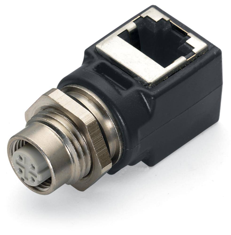 Schwarzer Adapter mit einem RJ45-Anschluss und einem runden, metallischen Steckverbinder auf der anderen Seite zur Datenübertragung.