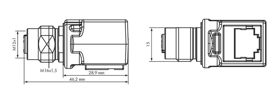 Technische Zeichnung eines Steckverbinders mit den Maßen: 46,2 mm Länge, 28,9 mm Breite, und 15 mm Höhe. Anschlüsse: M12x1, M16x1,5.
