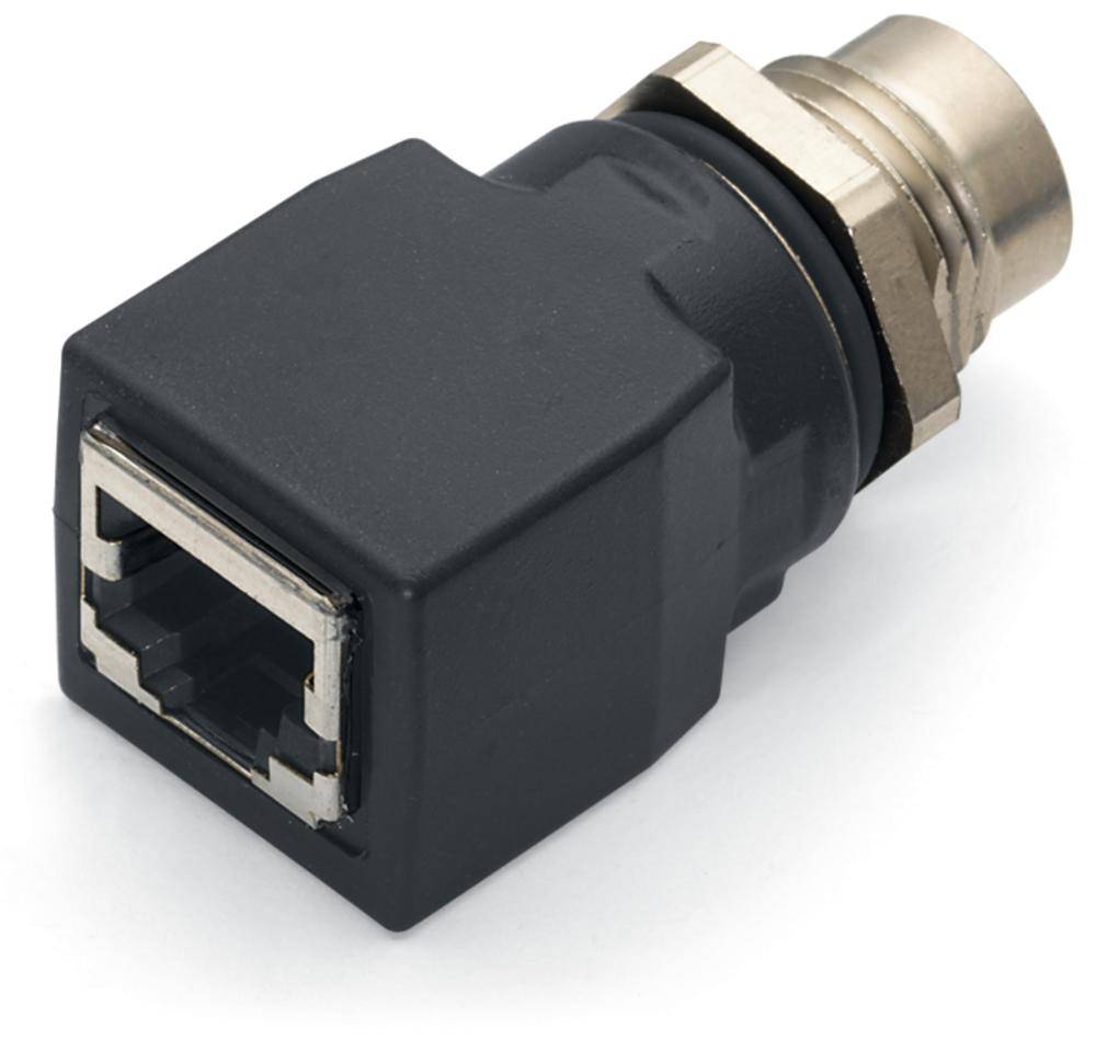 Ein schwarzer Adapter mit RJ45- und Koaxialanschluss, verwendet zum Verbinden von Netzwerkkabeln mit Koaxialkabeln.