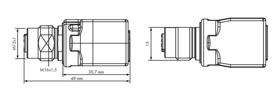 Technische Zeichnung eines zylindrischen Bauteils mit Längenangaben: Gesamtbreite 48 mm, Höhe 15 mm, mit Gewinden M12x1 und M16x1,5.