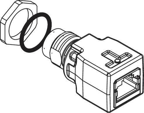 Illustration eines RJ45-Steckergehäuses mit Mutter und Dichtung, vor der Montage gezeigt.