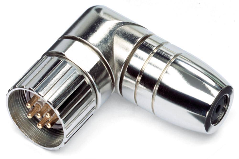 Ein glänzender, rechtwinkliger Metallstecker mit mehreren goldenen Pins, der für die Verbindung von elektronischen Geräten genutzt wird.