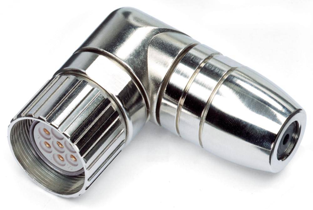 Metallischer Winkelstecker mit mehreren Kontaktstiften an der offenen Seite; dient zur elektrischen Verbindung in technischen Anwendungen.