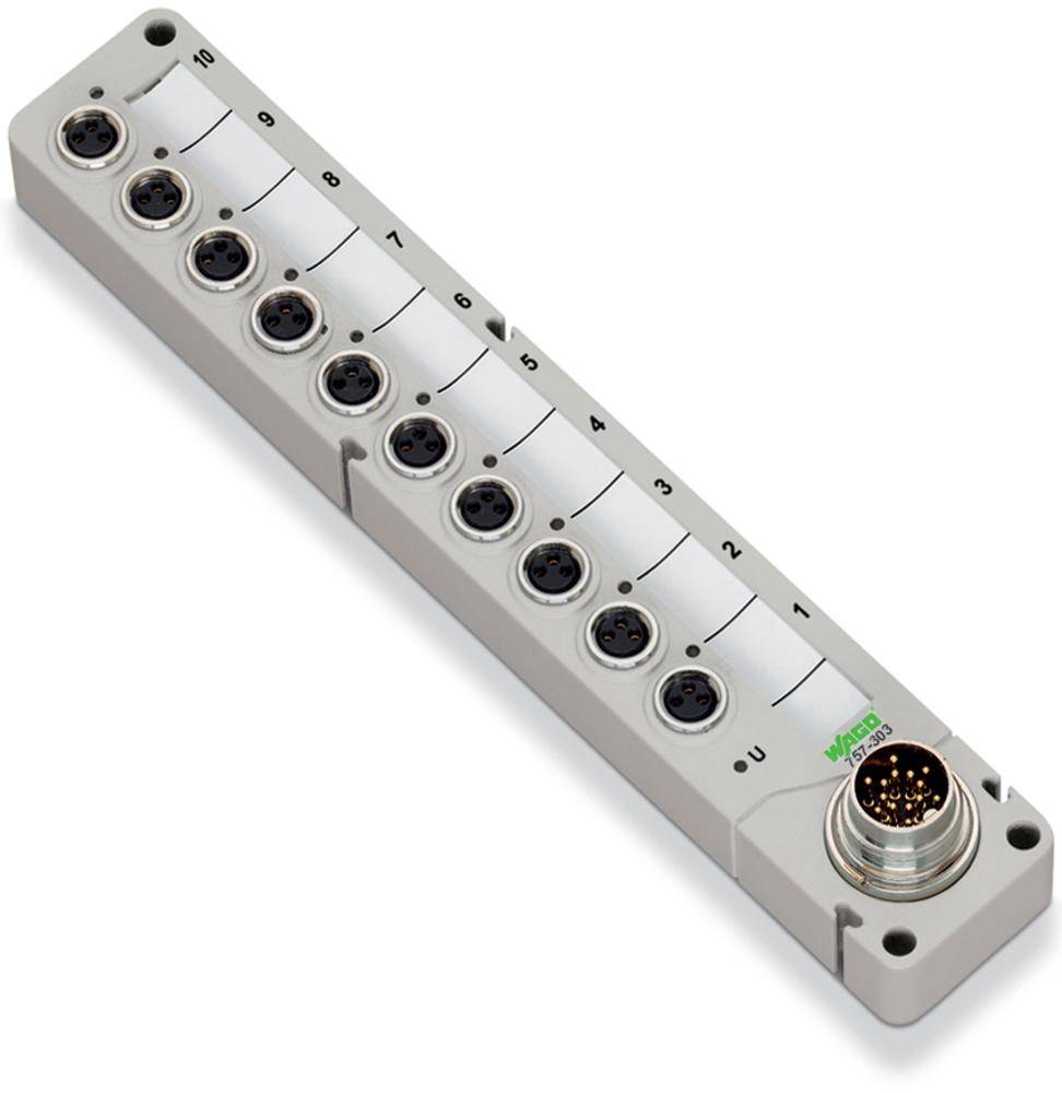 Ein elektrisches Anschlussmodul mit zehn Steckplätzen, nummeriert von 1 bis 10, und einem runden Mehrpolanschluss auf der rechten Seite.
