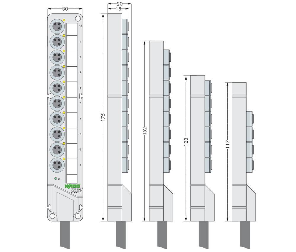 Grafik einer Mehrfachsteckdose mit Maßen. Breite 30 mm, Höhe 175 mm. Seitenansicht zeigt abnehmende Höhen von 175 mm bis 117 mm in 20-mm-Schritten.