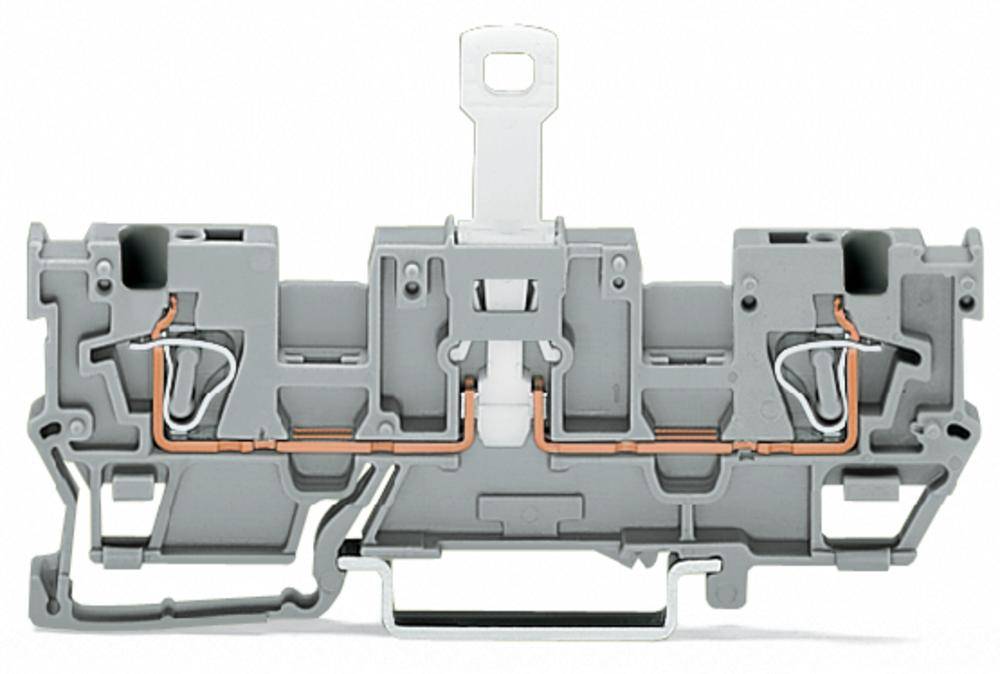 Elektrische Klemme mit grauem Gehäuse, Metallverbindungen und Kupferleitungen, verwendet für die sichere Verbindung von Kabeln.