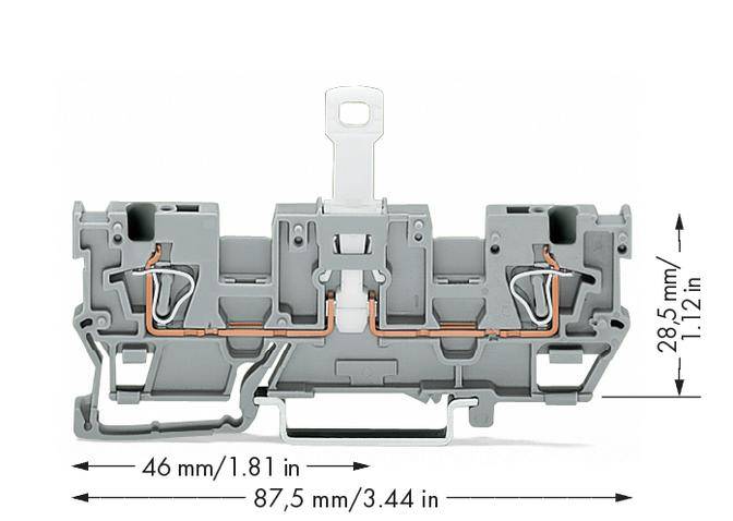 Graues Klemmenmodul mit Maßen 46 mm x 28,5 mm x 87,5 mm. Zeigt interne Verdrahtung und Verbindungspunkte.