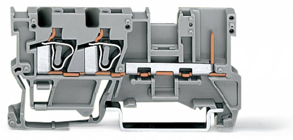 Graues elektrisches Klemmenblock-Gehäuse mit mehreren Anschlüssen und internen Metallkomponenten, geeignet für elektrische Verbindungen.