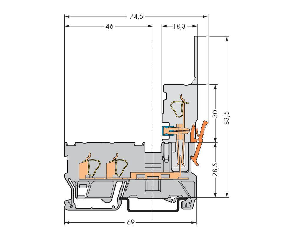 Querschnitt einer technischen Zeichnung eines Fensterprofils mit Maßangaben in Millimetern. Zeigt Dichtungen und Isolierung.