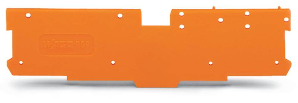 Ein orangenes Schutzschild mit mehreren Befestigungspunkten, vermutlich Teil eines elektronischen Geräts oder Fahrzeugsicherheitssystems.