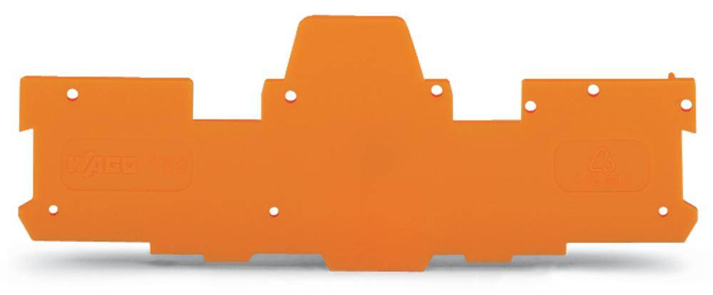 Eine rechteckige orangefarbene Abdeckung mit mehreren Befestigungslöchern, passend für die Konstruktion oder Montage in einem Gerät.