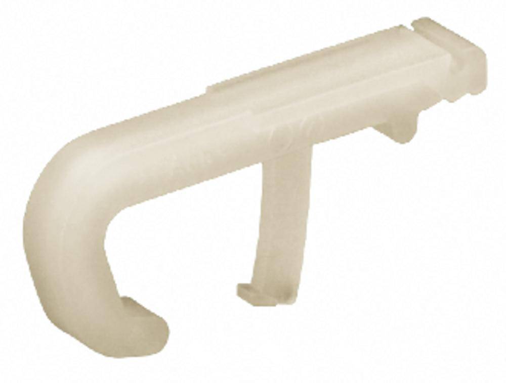 Ein weißer Kunststoffhaken mit leicht gebogener Form, geeignet zur Befestigung oder Aufhängung kleinerer Gegenstände.