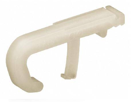 Ein weißer, gebogener Kunststoffhaken, vermutlich ein Befestigungsclip für Kabel oder ähnliche Anwendungen.