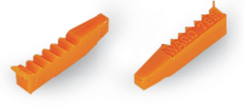 Zwei orange Kunststoff-Werkzeuge mit gezackten Kanten, die Keile darstellen.
