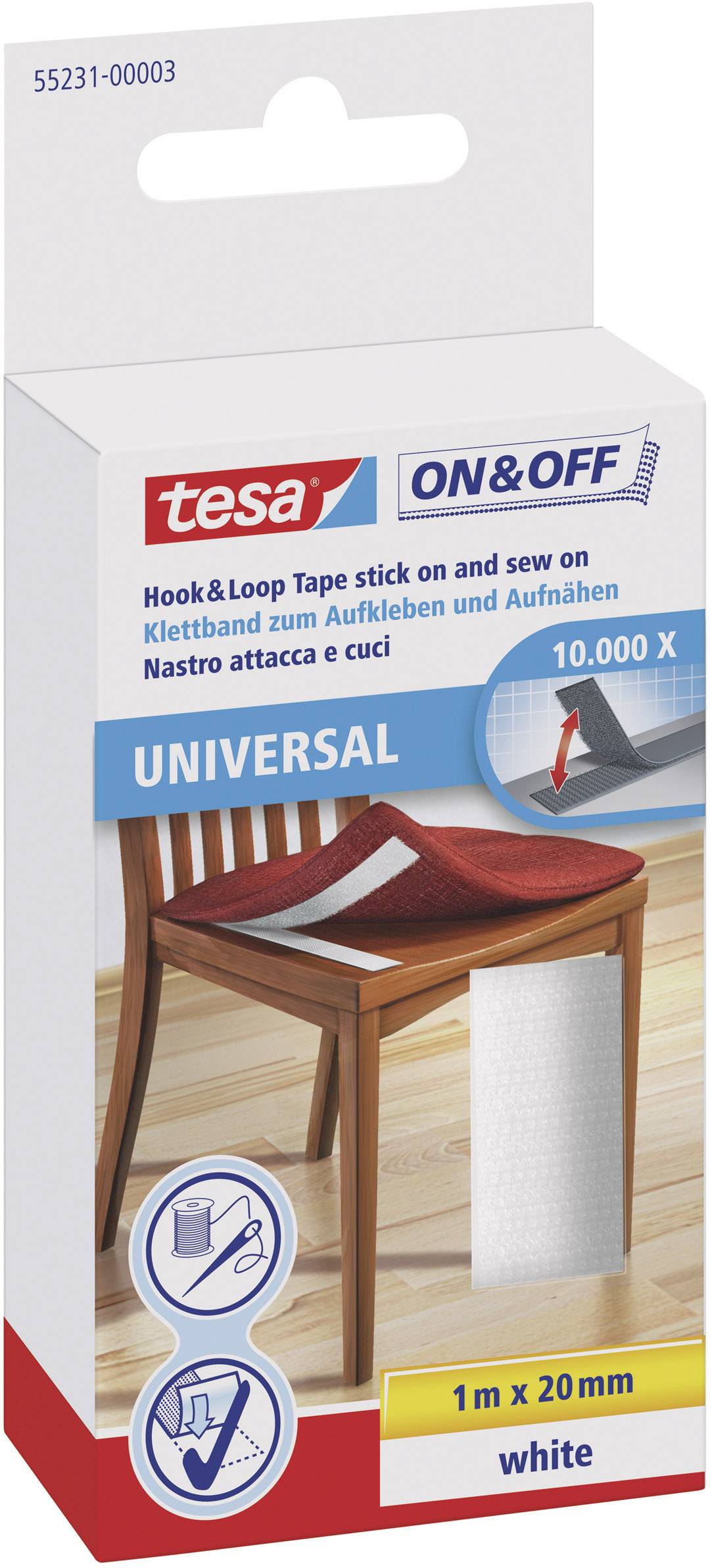 TESA On & Off 55231-03-00 Klettband zum Aufkleben, zum Aufnähen Haft- und Flauschteil (L x B) 1000 mm x 20 mm Weiß 1 St.