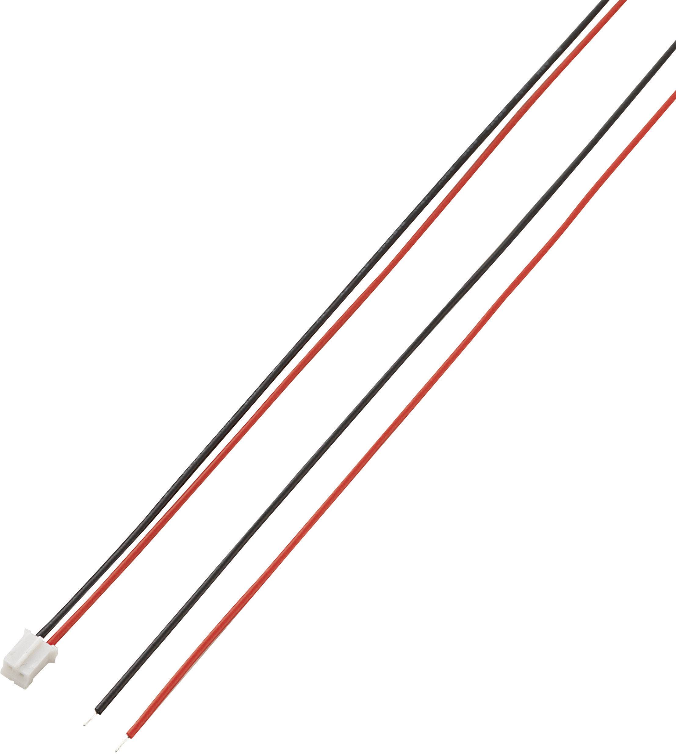 Zwei lange, parallel verlaufende Drähte in Rot und Schwarz mit einem weißen Stecker am Ende.