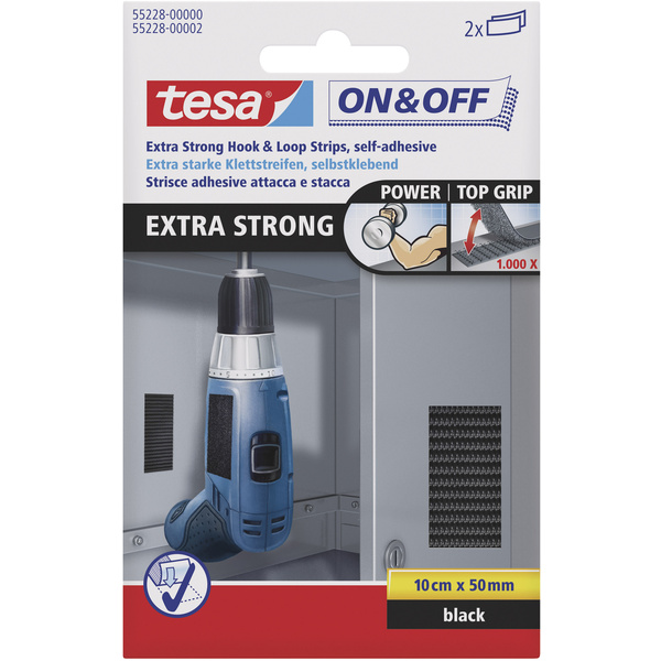 TESA On & Off 55228-00-01 Klettband zum Aufkleben Haft- und Flauschteil, extrastark (L x B) 100mm x 50mm Schwarz 2St.