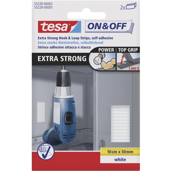 TESA On & Off 55228-03-00 Klettstreifen zum Aufkleben Haft- und Flauschteil, extrastark (L x B) 100mm x 50mm Weiß 2St. TESA On & Off 55228-03-00 Klettstreifen zum Aufkleben Haft- und Flauschteil, extrastark (L x B) 100mm x 50mm Weiß 2St.