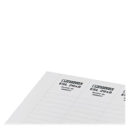 Papier-Etikettenbogen, zeigt mehrere rechteckige Etiketten mit der Aufschrift 'ESL 29X8 Bielefeld 10X' oben links.