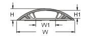 'Technische Zeichnung eines Brückenelements' mit Höhenangaben H, H1 und Breitenangaben W1, W. Zeigt Struktur und Proportionen.