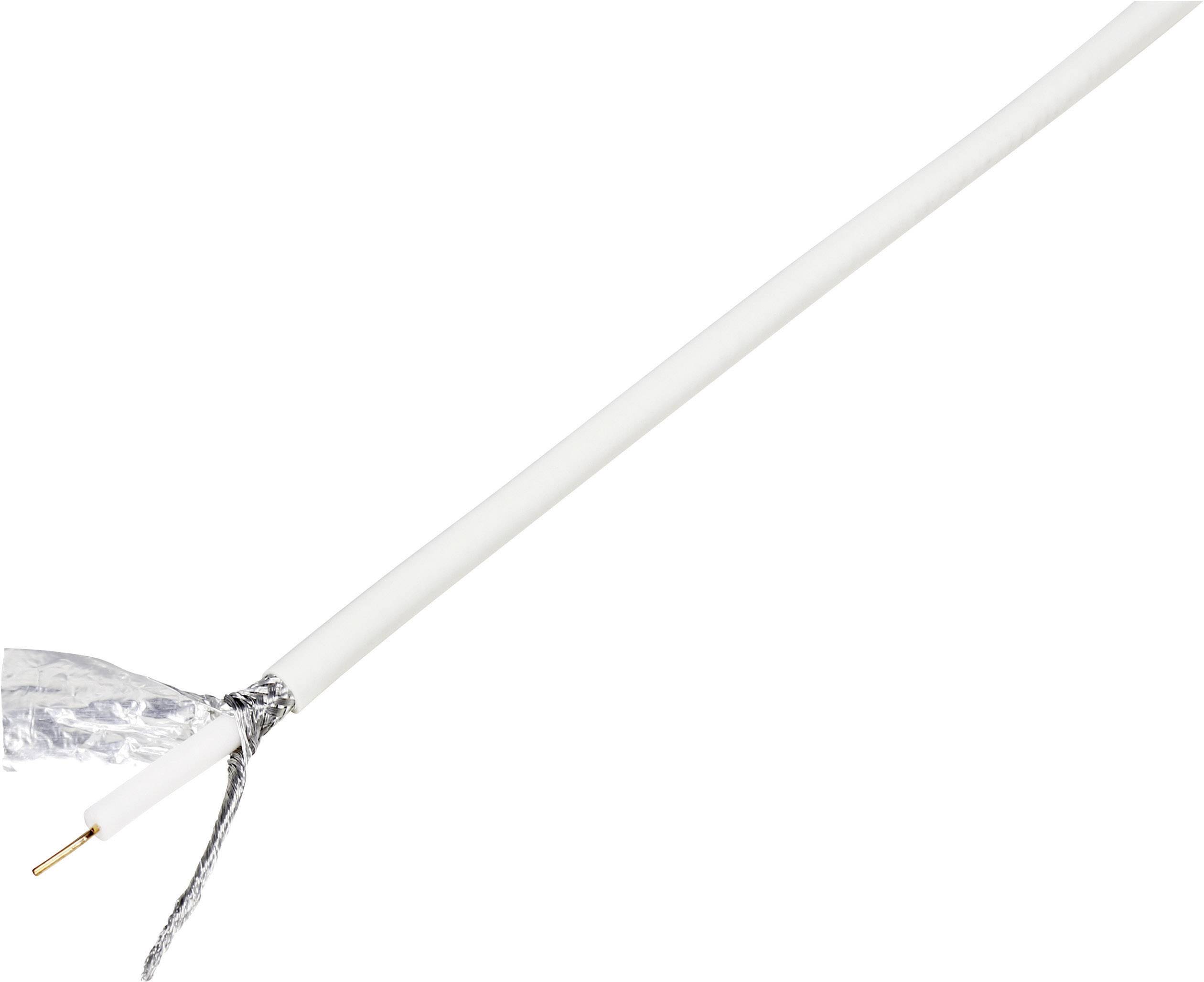 Ein weißes Koaxialkabel mit einem freiliegenden Kupferdrahtende und einer abgeschirmten Hülle aus Aluminiumfolie.