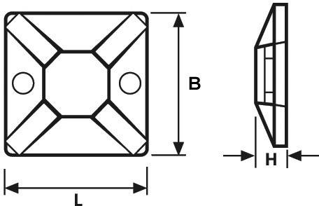 Technische Zeichnung einer quadratischen Kabelbinderbasis mit Maßen: L, B, und H. Zeigt Vorder- und Seitenansicht.