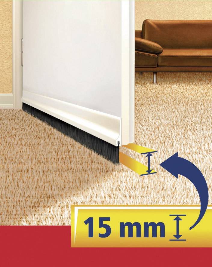 Türdichtungsschiene reduziert den Bodenabstand auf 15 mm, hält Zugluft fern. Geeignet für Teppiche, im Hintergrund ein Sofa.
