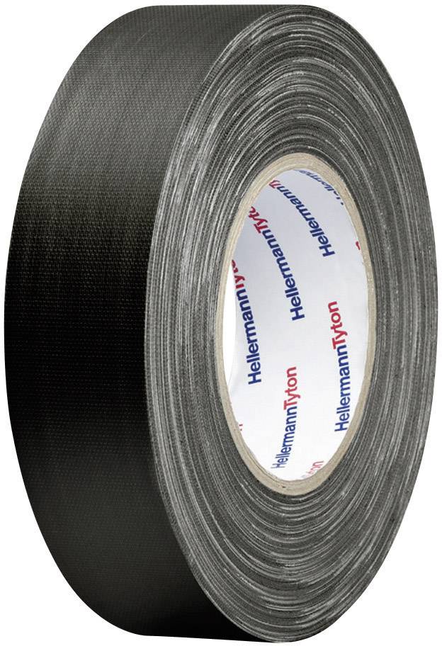 Eine schwarze Rolle Gewebeband mit der Aufschrift 'HellermannTyton' auf dem inneren Kartonring.