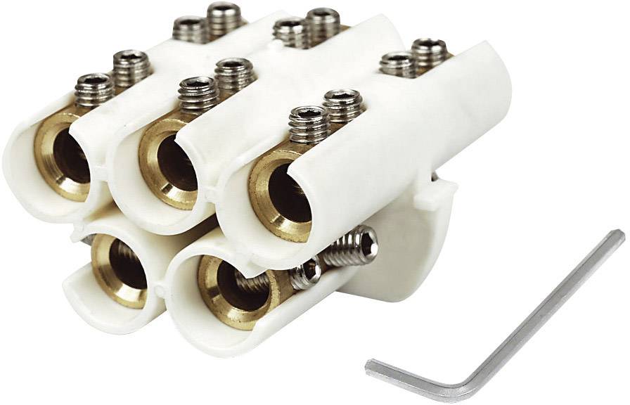 Weiße Kabelverbindung mit fünf Metallklemmen und einem Inbusschlüssel daneben. Dient zum sicheren Verbinden von Kabeln.