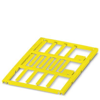 Eine gelbe Kunststoffpalette mit rechteckigem Gitterdesign, flach auf dem Boden liegend. Geeignet für Lagerhaltung oder Transport.