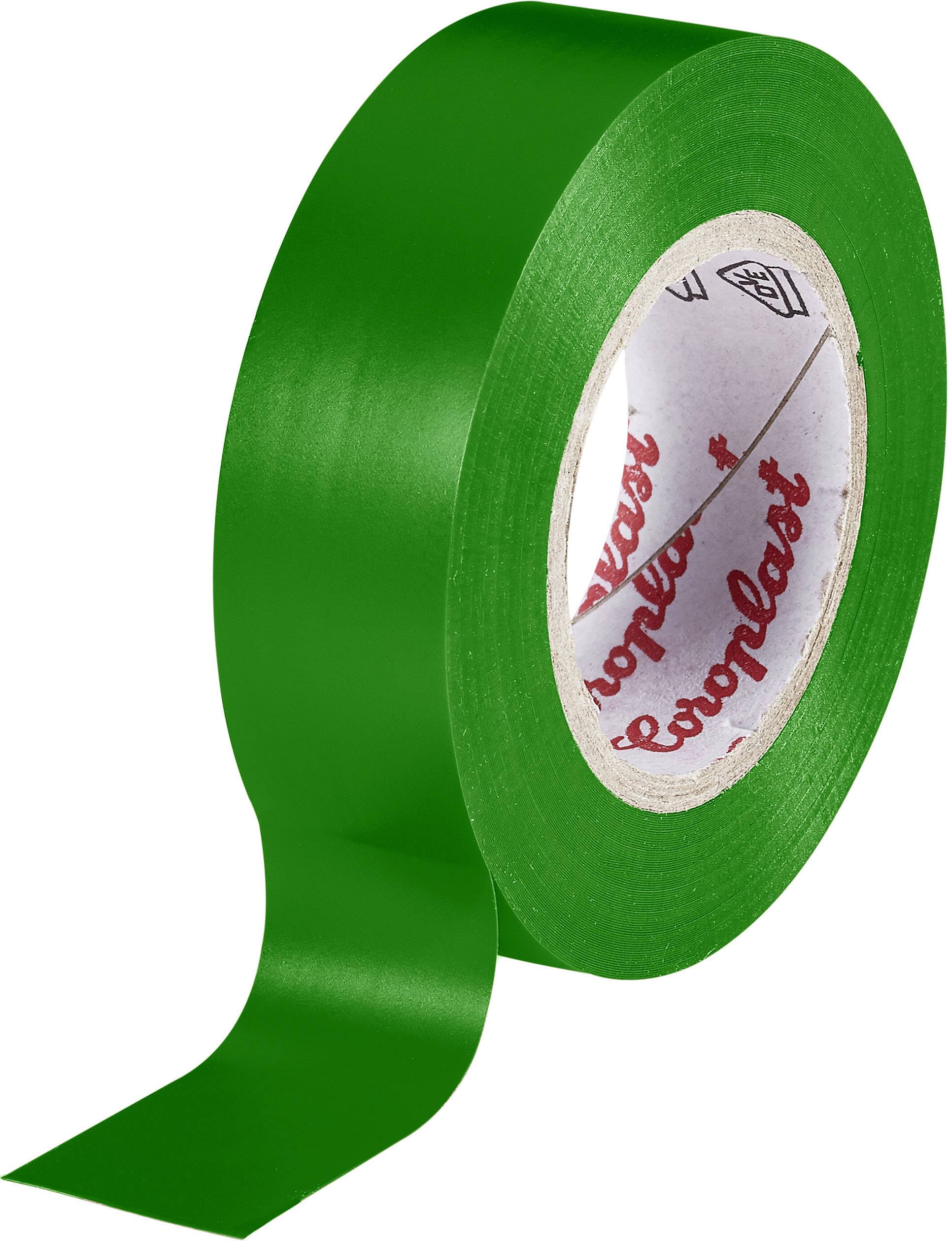 Grüne Rolle mit Isolierband, Marke 'Coroplast', teilweise abgewickelt.