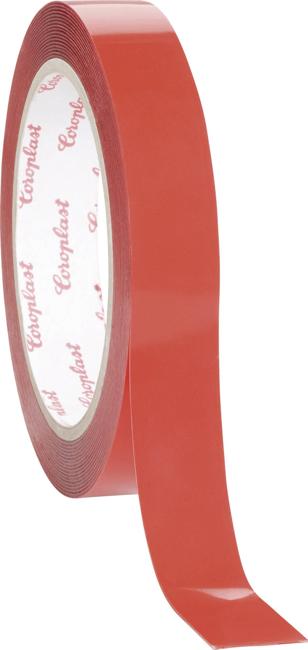Ein transparentes, rotes Klebeband mit der Aufschrift 'Coroplast' auf der Innenseite der Rolle.