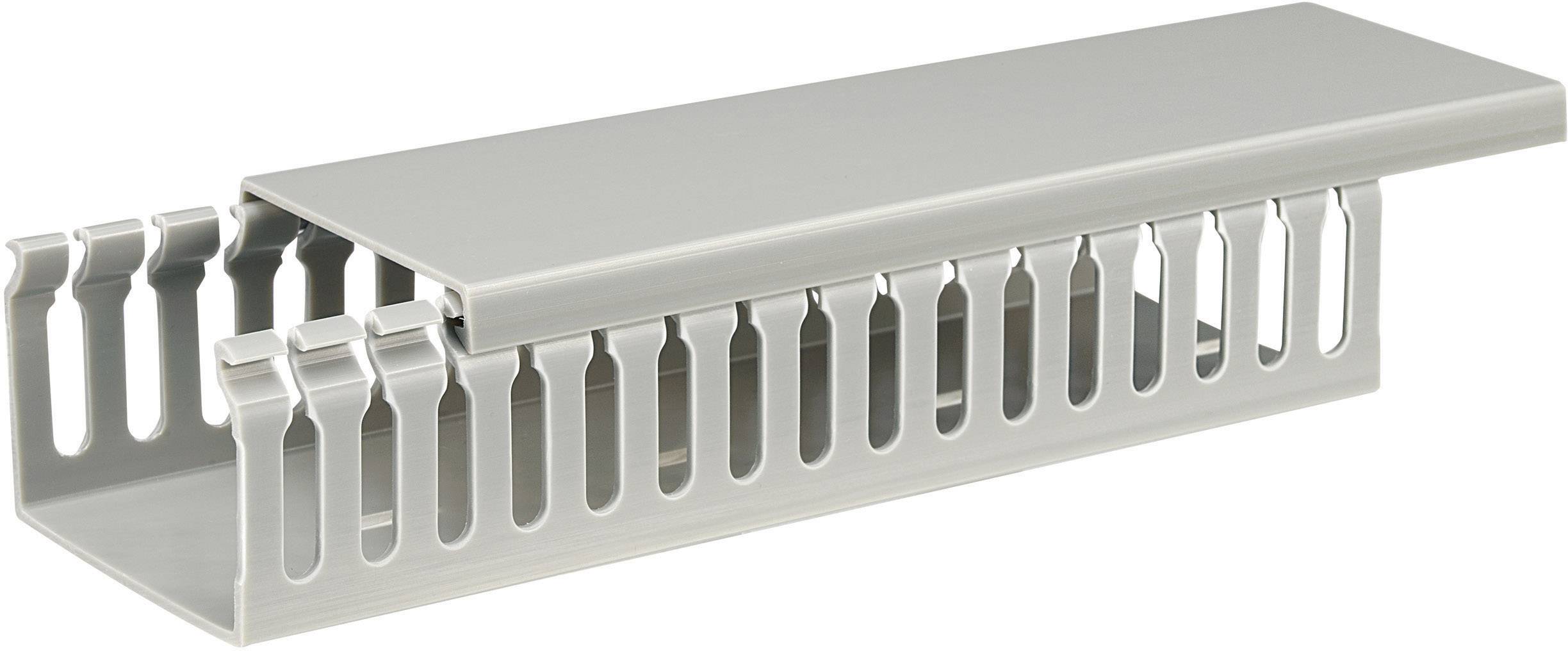 Kabelkanal aus grauem Kunststoff mit abnehmbarer Abdeckung und seitlichen Schlitzen, geeignet zur geordneten Kabelführung in Büros.