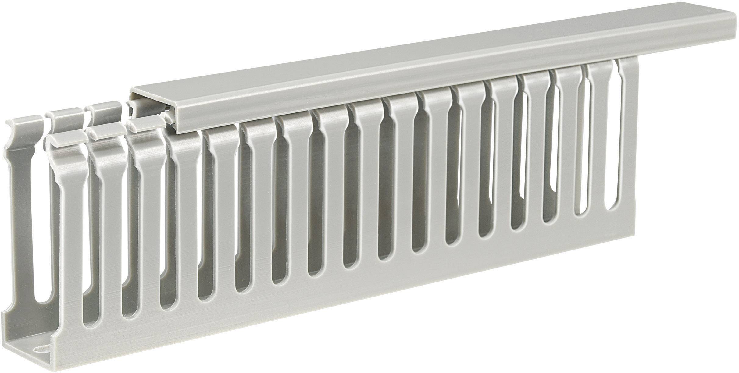 Metallisches Kabelmanagementsystem mit vertikalen Schlitzen zum Ordnen von Kabeln, silberfarben, rechteckige Form.