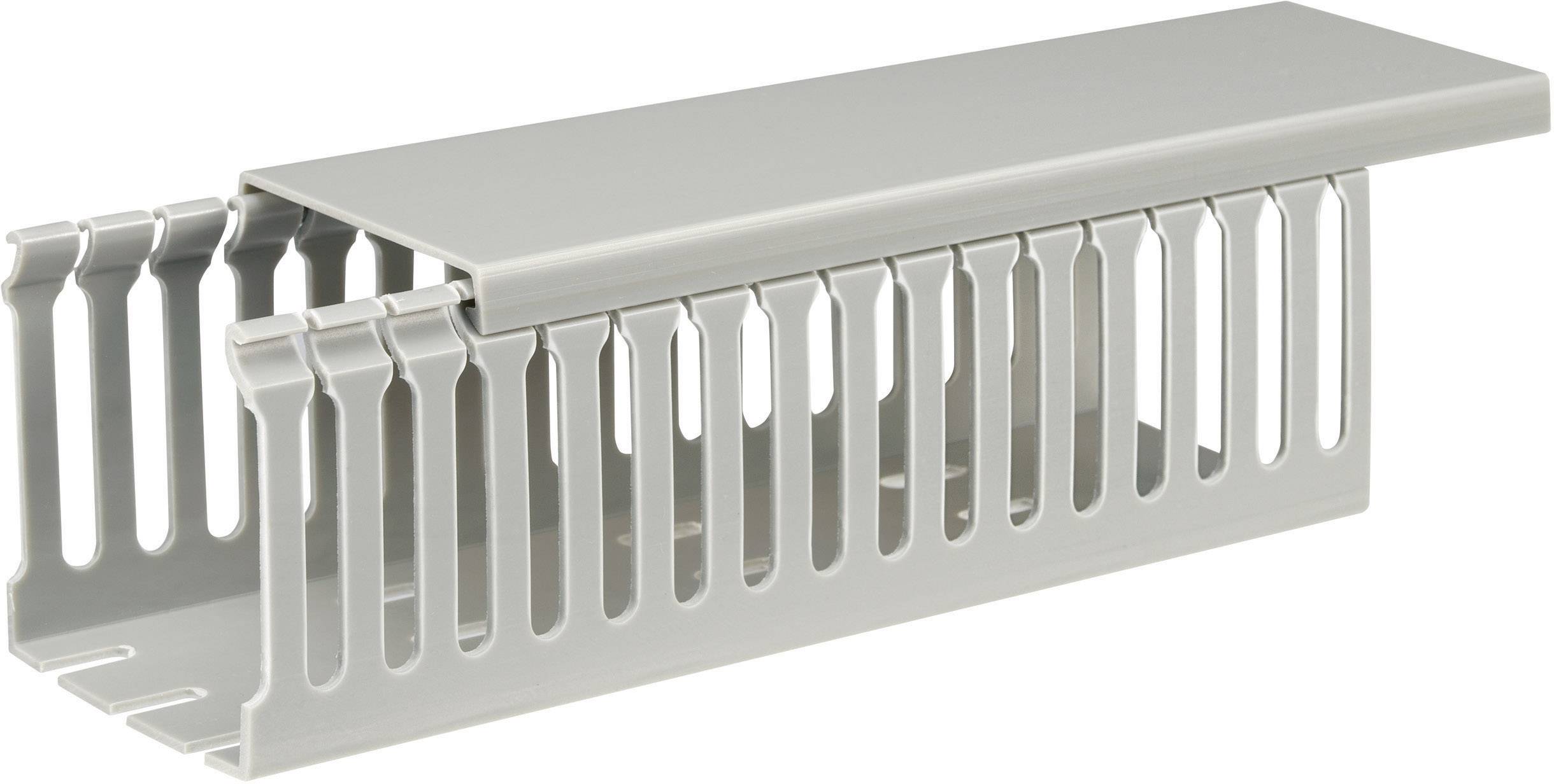 Grauer Kabelkanal mit abnehmbaren Deckel, offene Seiten für Kabelzugang, geeignet für Kabelmanagement in Büros und Industrieanlagen.