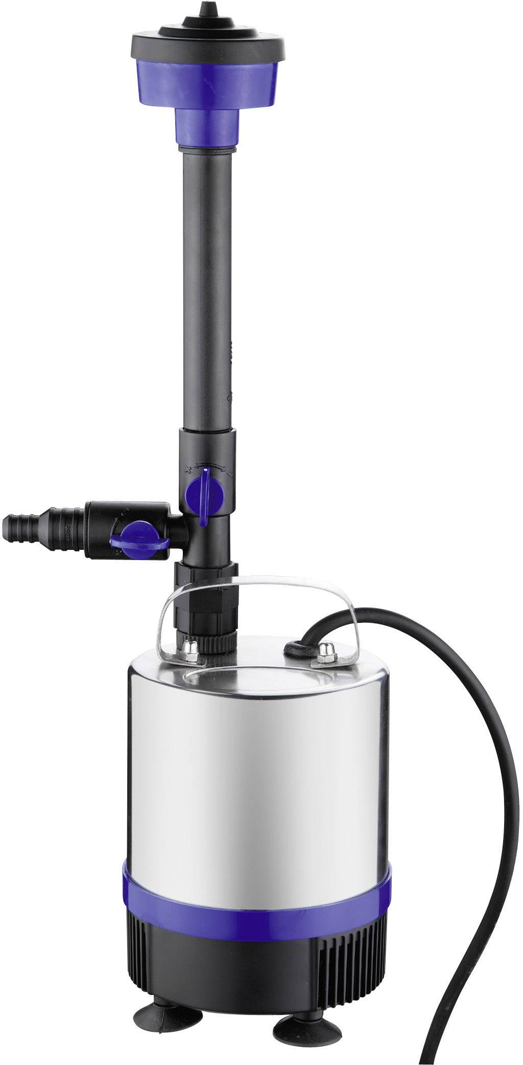 Eine elektrische Teichpumpe mit schwarzem und blauem Gehäuse. Sie hat einen Schlauchanschluss und einen langen, verstellbaren Auslass.
