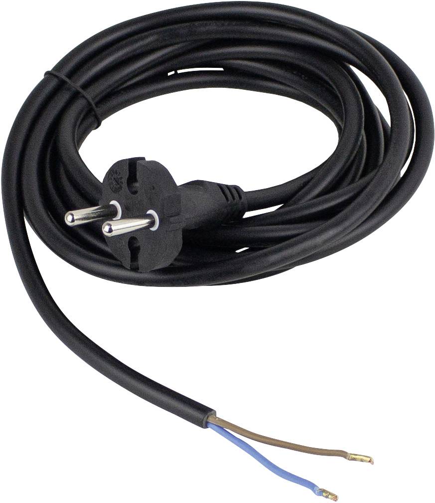 Schwarzes Stromkabel mit Stecker und zwei offenen Drahtenden. Geeignet für elektrische Installationen.